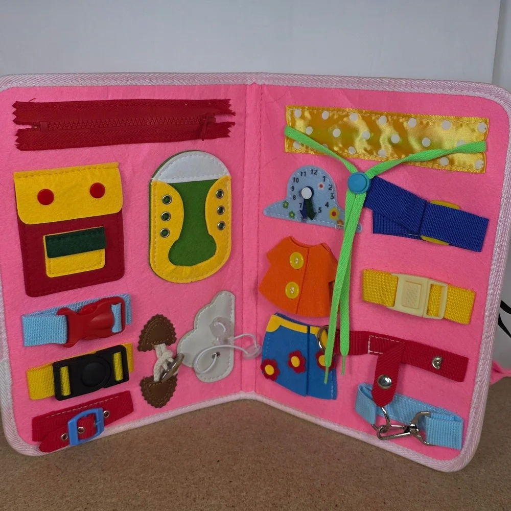 Pink Felt Montessori Busy Board Toddler Sensory Toy Alphabet Rainbow Briefcase